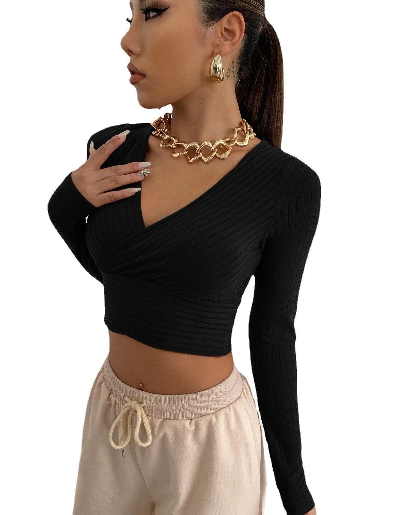 Sexy Deep V Neck Long Sleeves  Women Short Tops