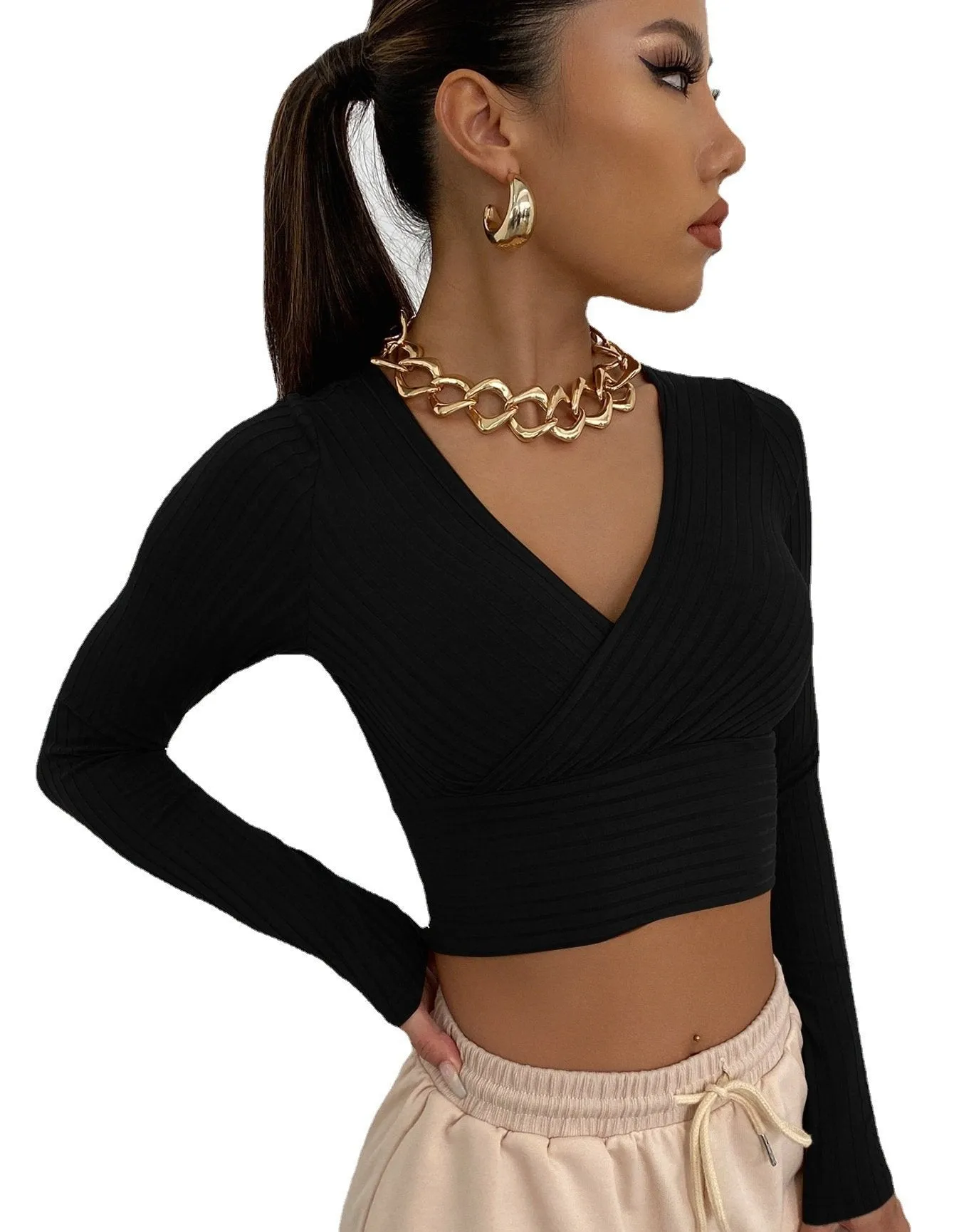 Sexy Deep V Neck Long Sleeves  Women Short Tops