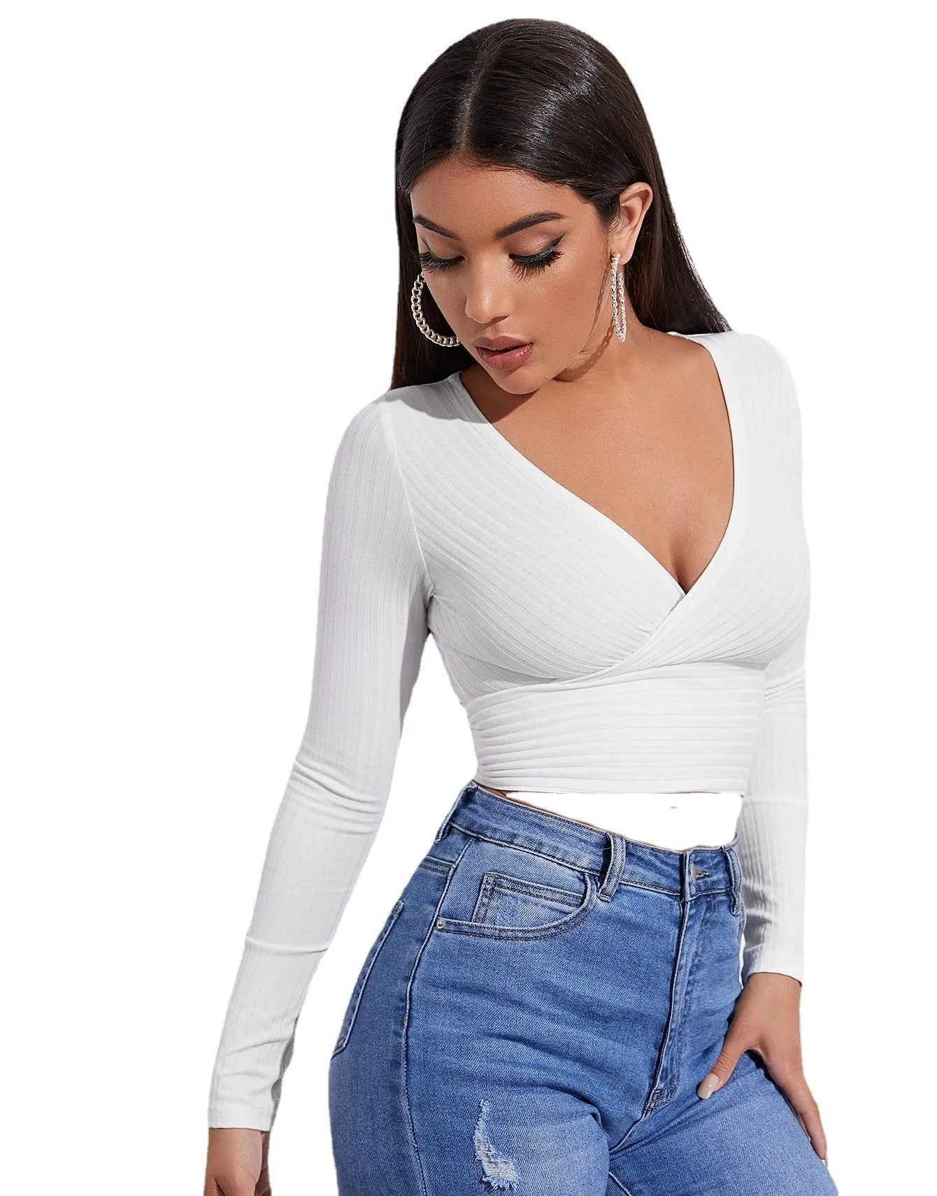 Sexy Deep V Neck Long Sleeves  Women Short Tops