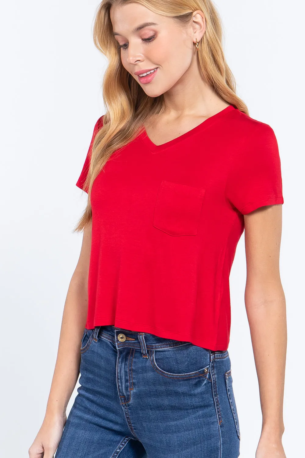 Short Slv V-neck W/pocket Crop Top