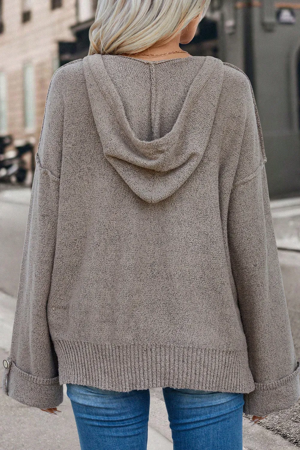 Simply Taupe Buttoned Sleeve V Neck Drawstring Hooded Sweater