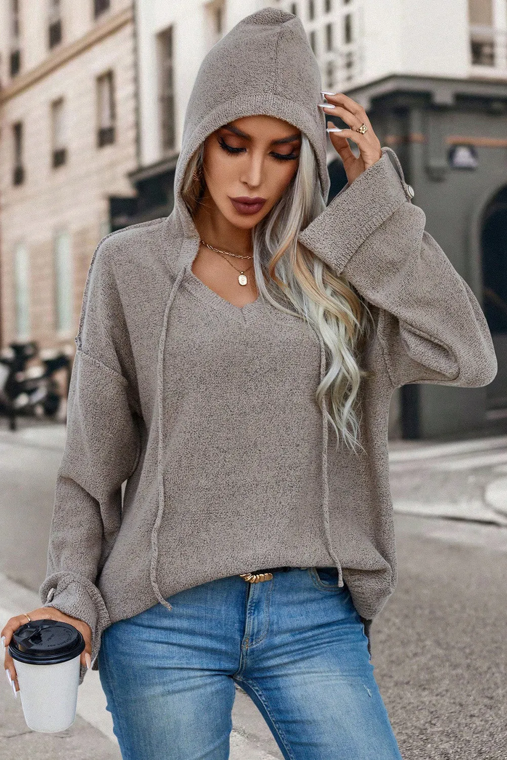 Simply Taupe Buttoned Sleeve V Neck Drawstring Hooded Sweater