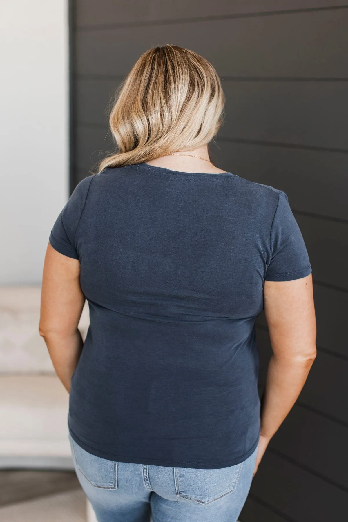 Something To Cling To V-Neck Top- Steel Blue