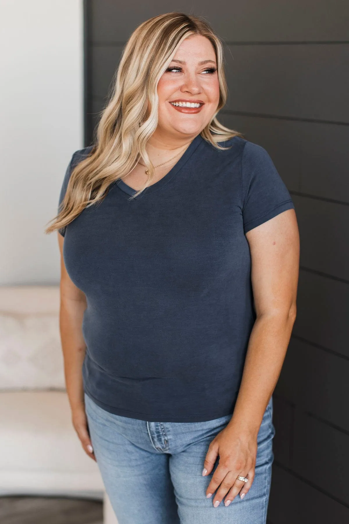 Something To Cling To V-Neck Top- Steel Blue