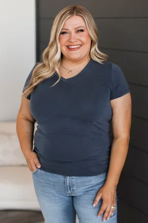 Something To Cling To V-Neck Top- Steel Blue