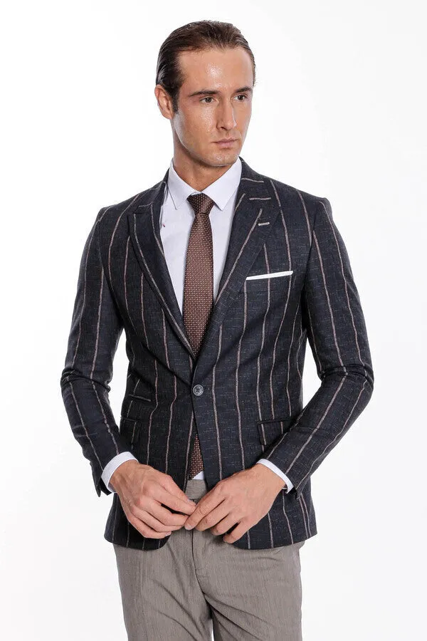 Striped Dark Grey Slim-Fit Blazer - Wessi