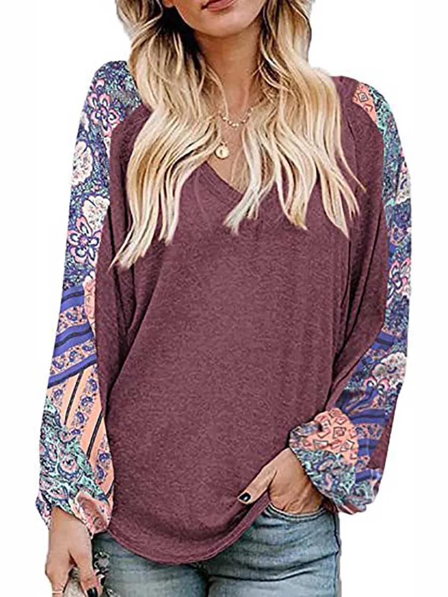 Stunncal V-Neck Printed Bubble Sleeve Long Sleeve T-Shirt