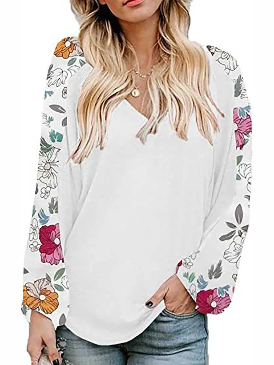 Stunncal V-Neck Printed Bubble Sleeve Long Sleeve T-Shirt