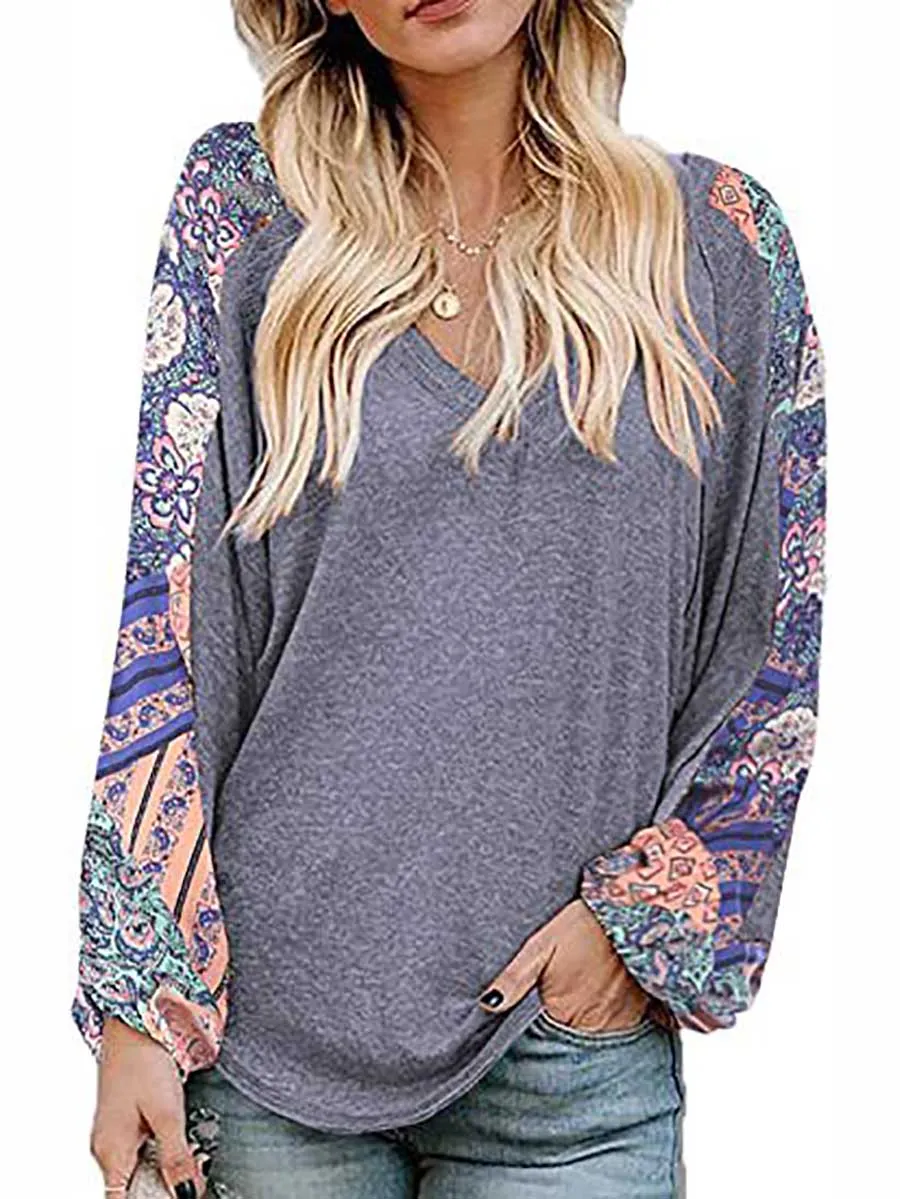 Stunncal V-Neck Printed Bubble Sleeve Long Sleeve T-Shirt