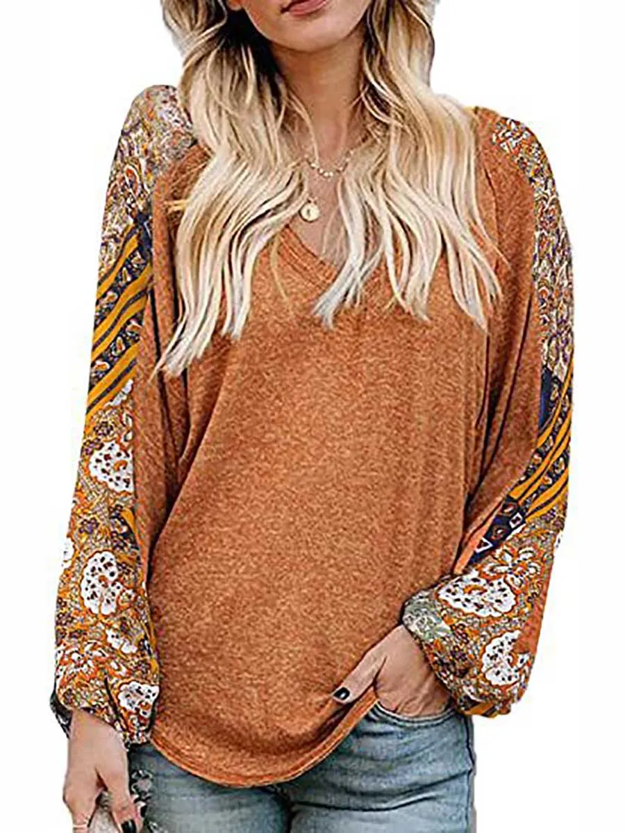 Stunncal V-Neck Printed Bubble Sleeve Long Sleeve T-Shirt