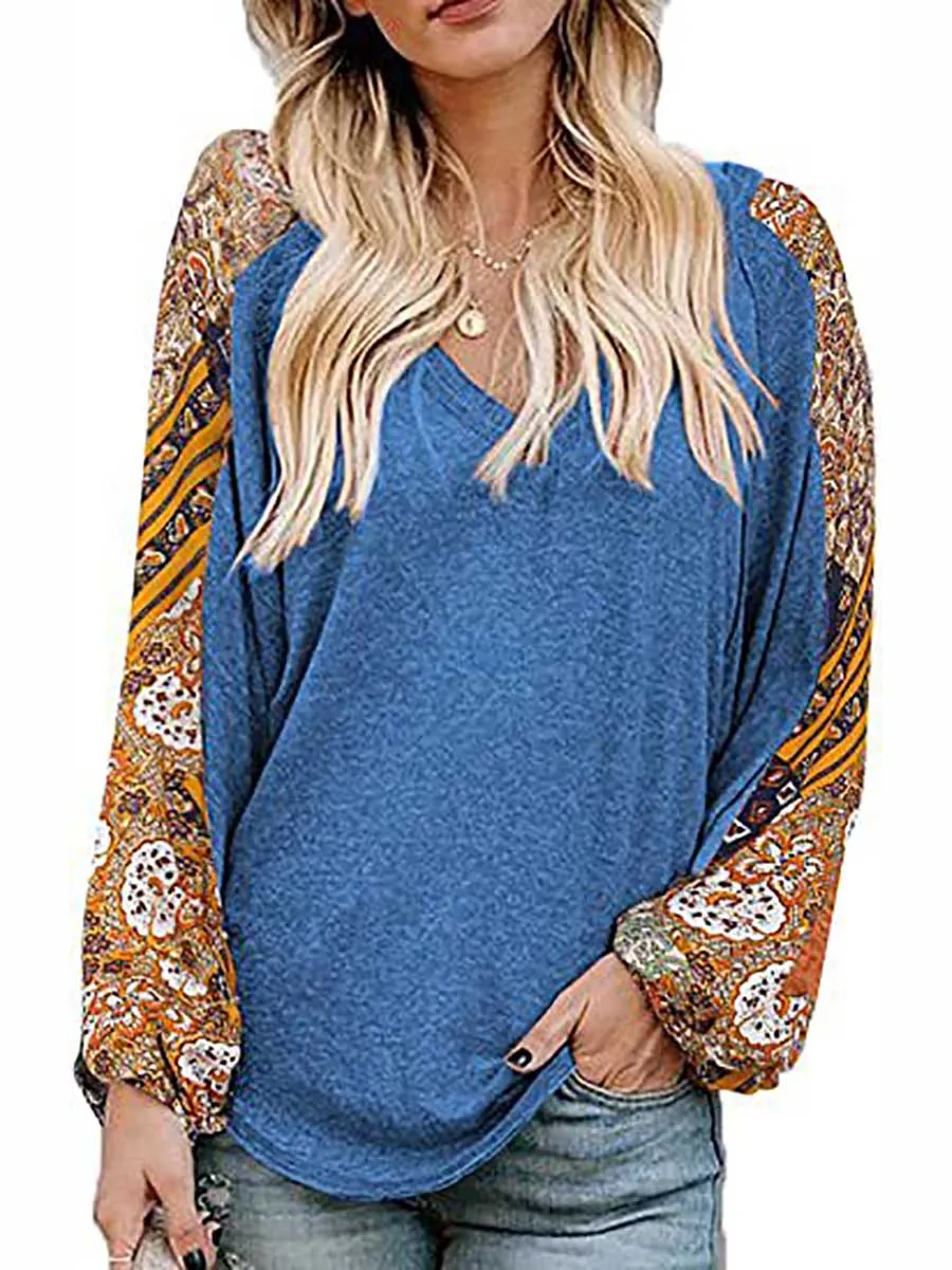 Stunncal V-Neck Printed Bubble Sleeve Long Sleeve T-Shirt