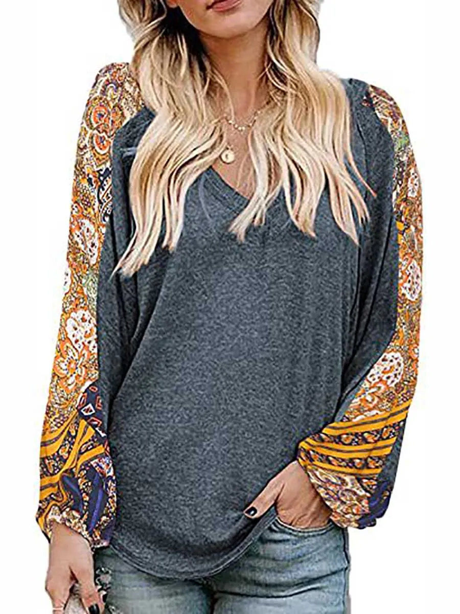 Stunncal V-Neck Printed Bubble Sleeve Long Sleeve T-Shirt