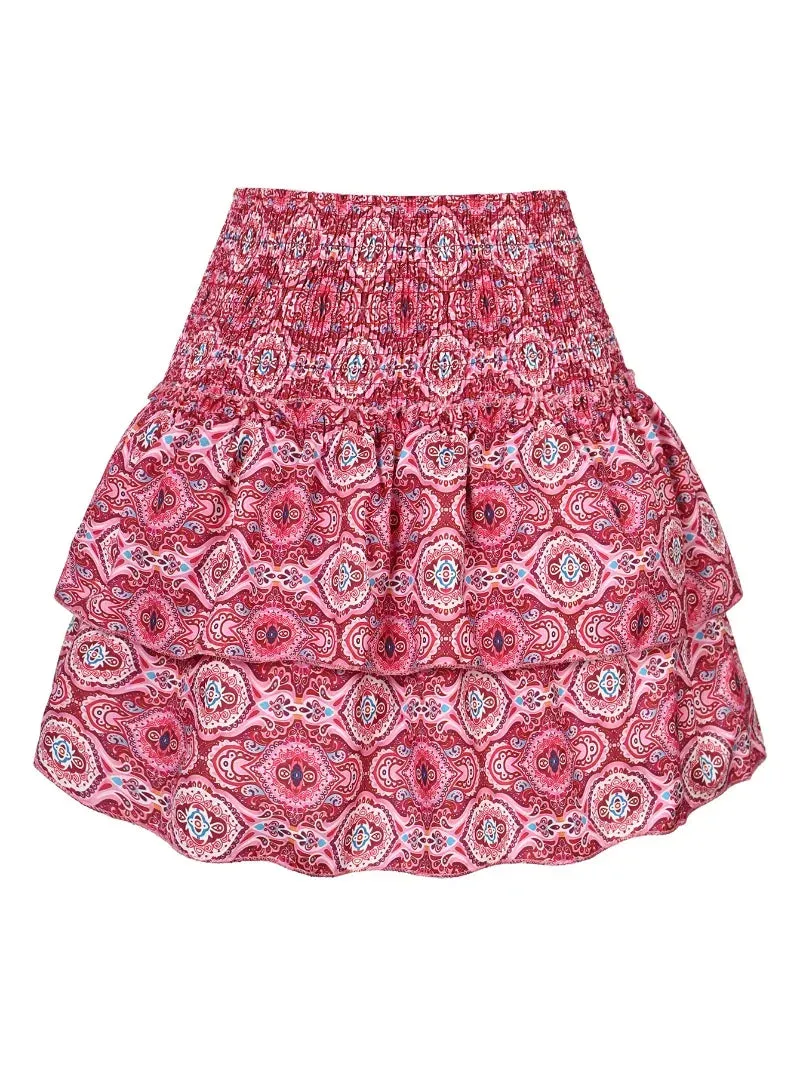 Summer Floral Pleated Ruffle Skirt | Vintage Y2K Bohemian Pink Mini Skirt