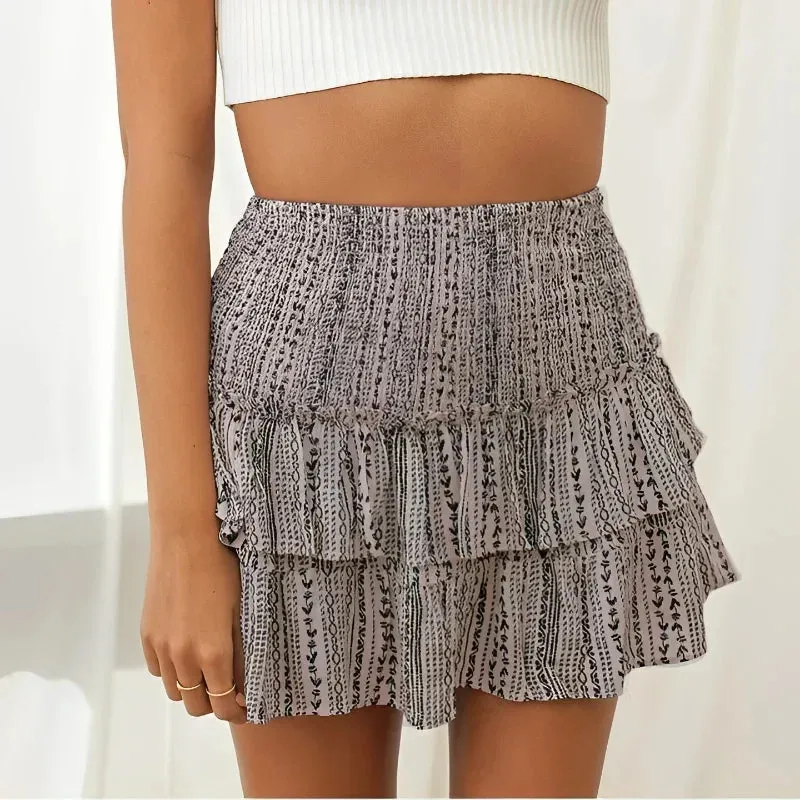 Summer Floral Pleated Ruffle Skirt | Vintage Y2K Bohemian Pink Mini Skirt