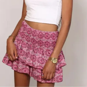 Summer Floral Pleated Ruffle Skirt | Vintage Y2K Bohemian Pink Mini Skirt