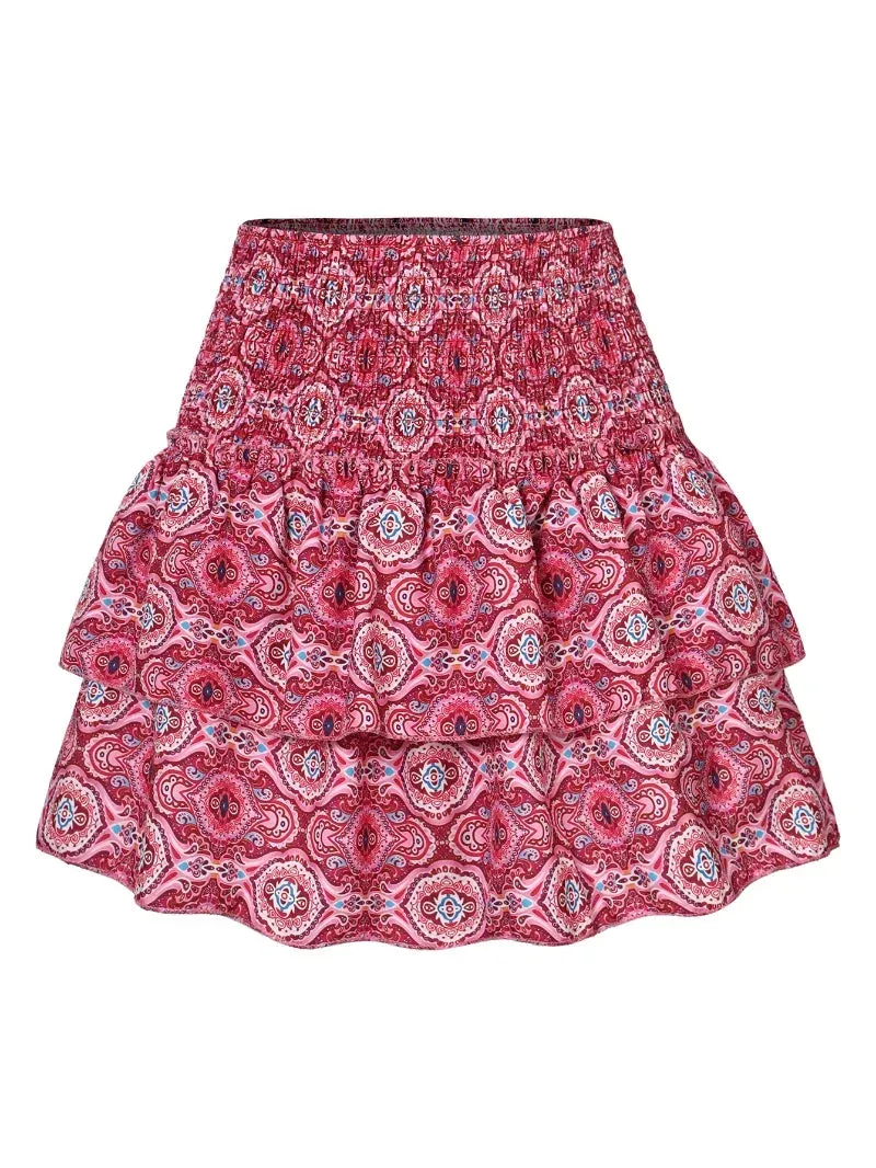 Summer Floral Pleated Ruffle Skirt | Vintage Y2K Bohemian Pink Mini Skirt