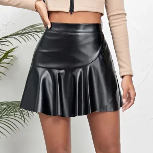 summer spring autumn streetwear solid color pu spandex above knee skirts