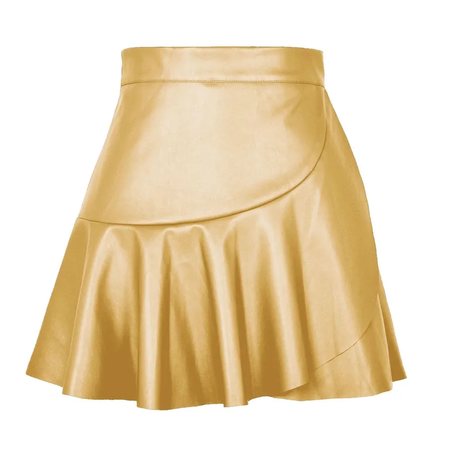 summer spring autumn streetwear solid color pu spandex above knee skirts