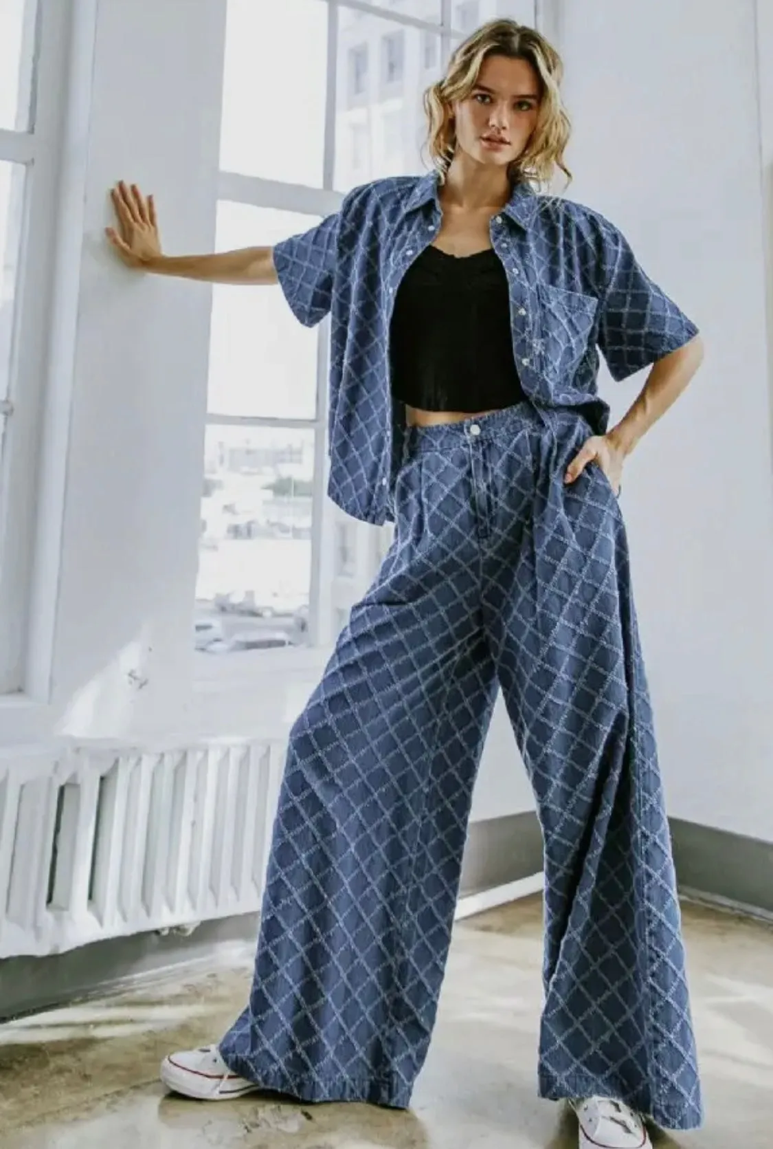 Textured Denim Button Up Short Sleeve Top