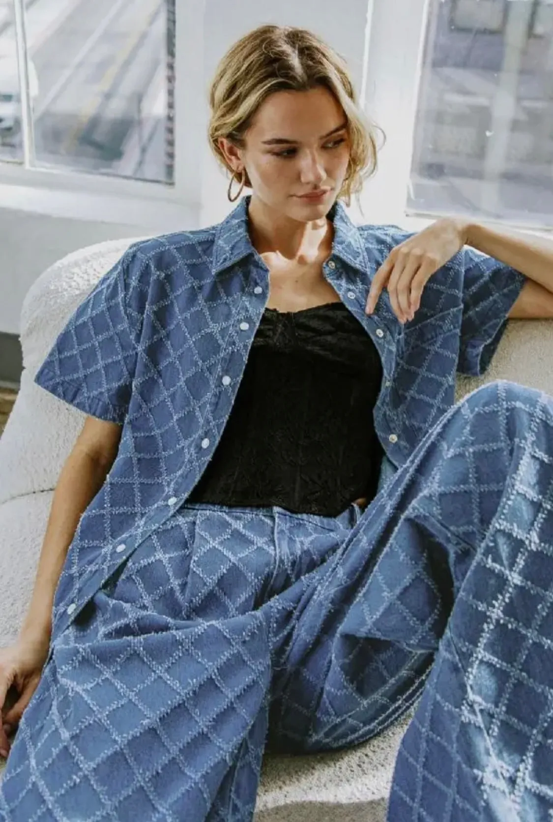 Textured Denim Button Up Short Sleeve Top