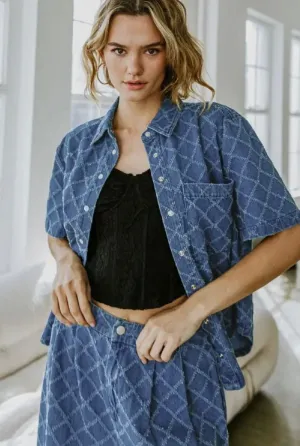 Textured Denim Button Up Short Sleeve Top