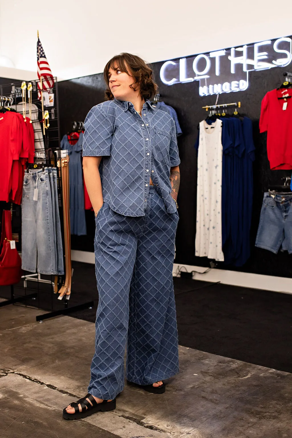 Textured Denim Button Up Short Sleeve Top