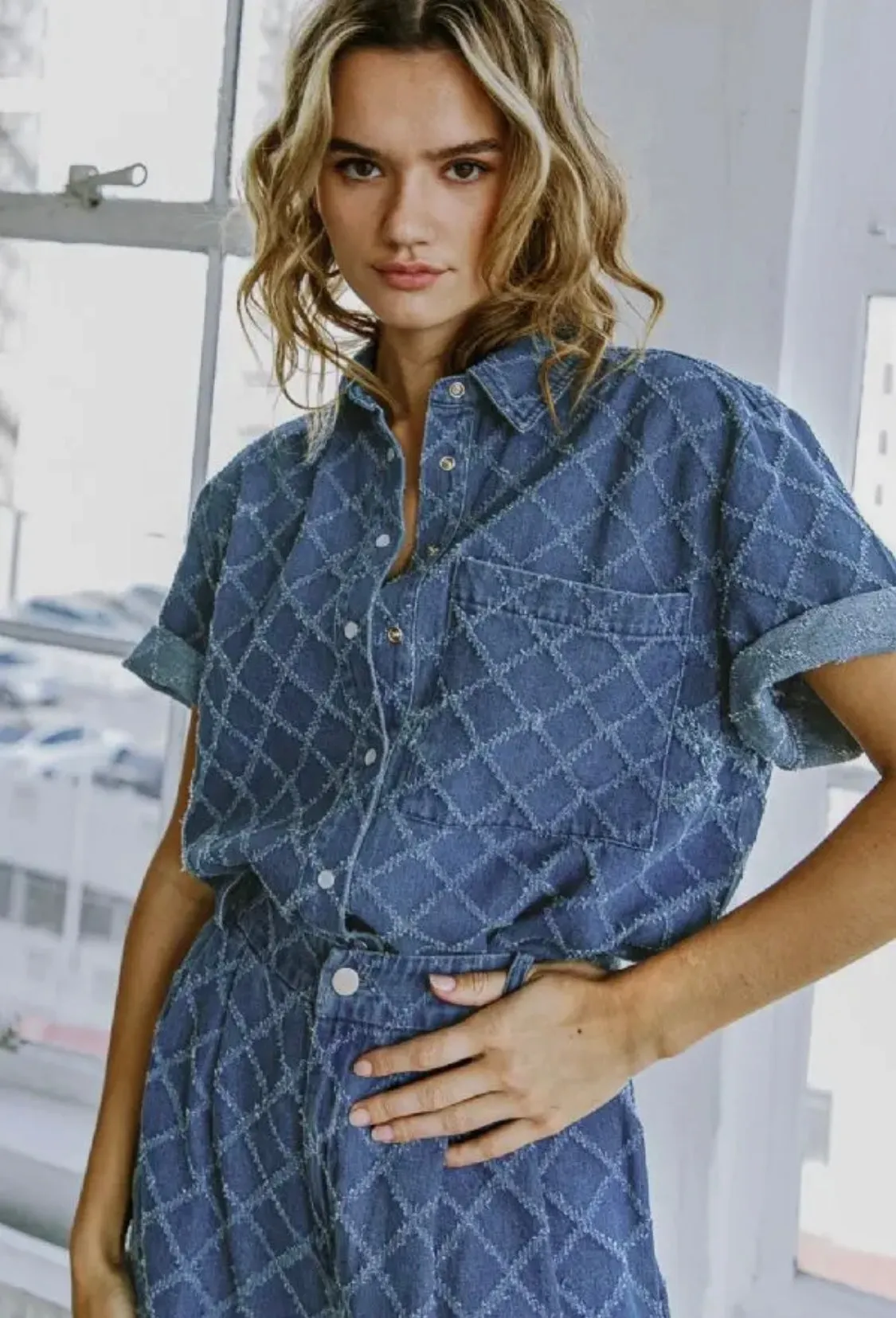 Textured Denim Button Up Short Sleeve Top