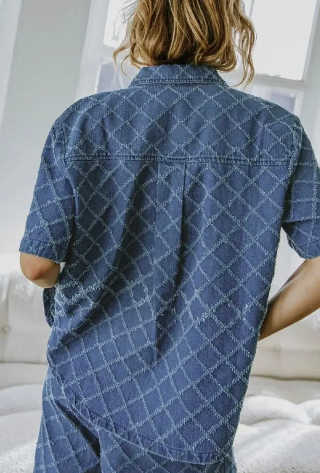 Textured Denim Button Up Short Sleeve Top