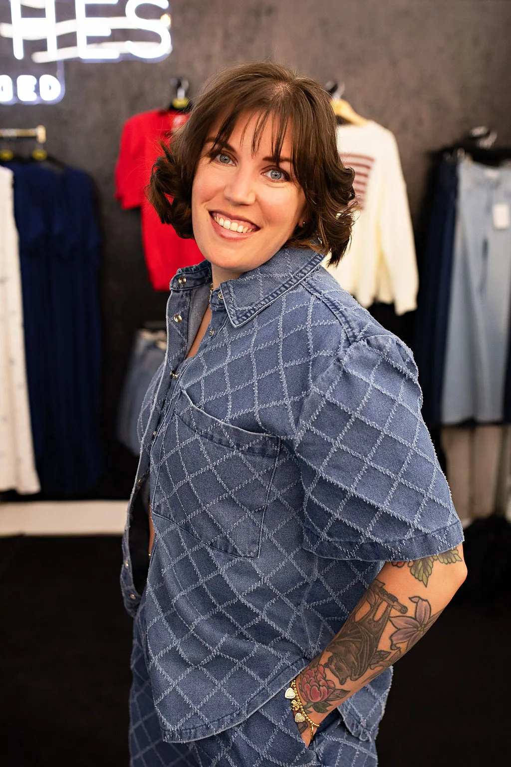 Textured Denim Button Up Short Sleeve Top