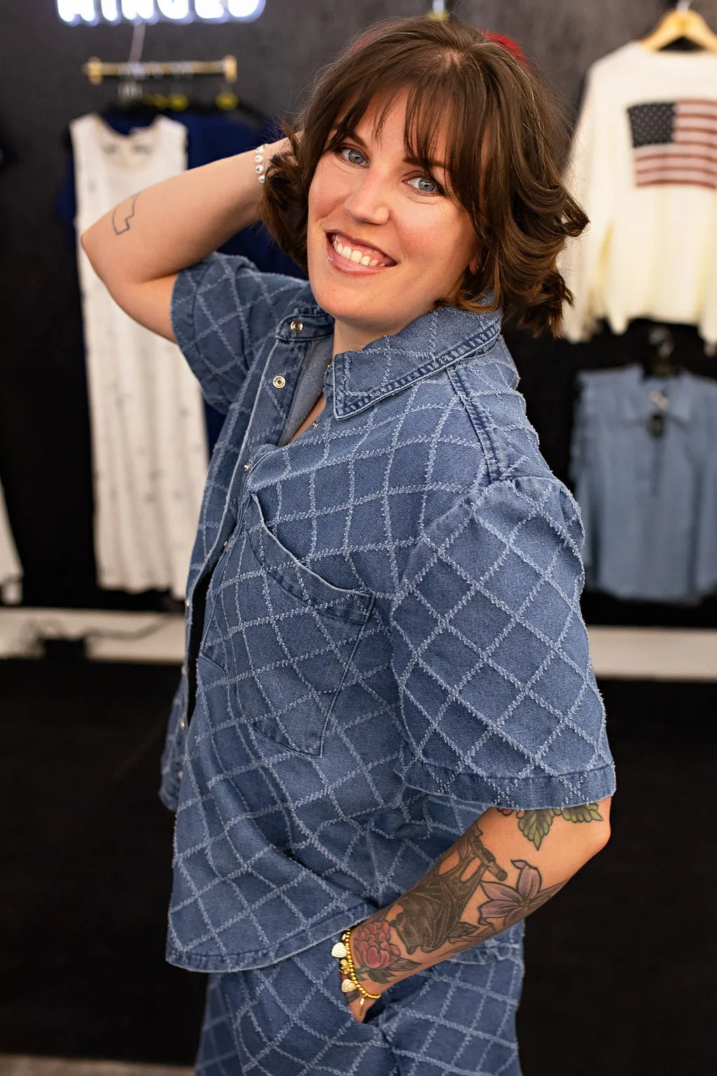 Textured Denim Button Up Short Sleeve Top