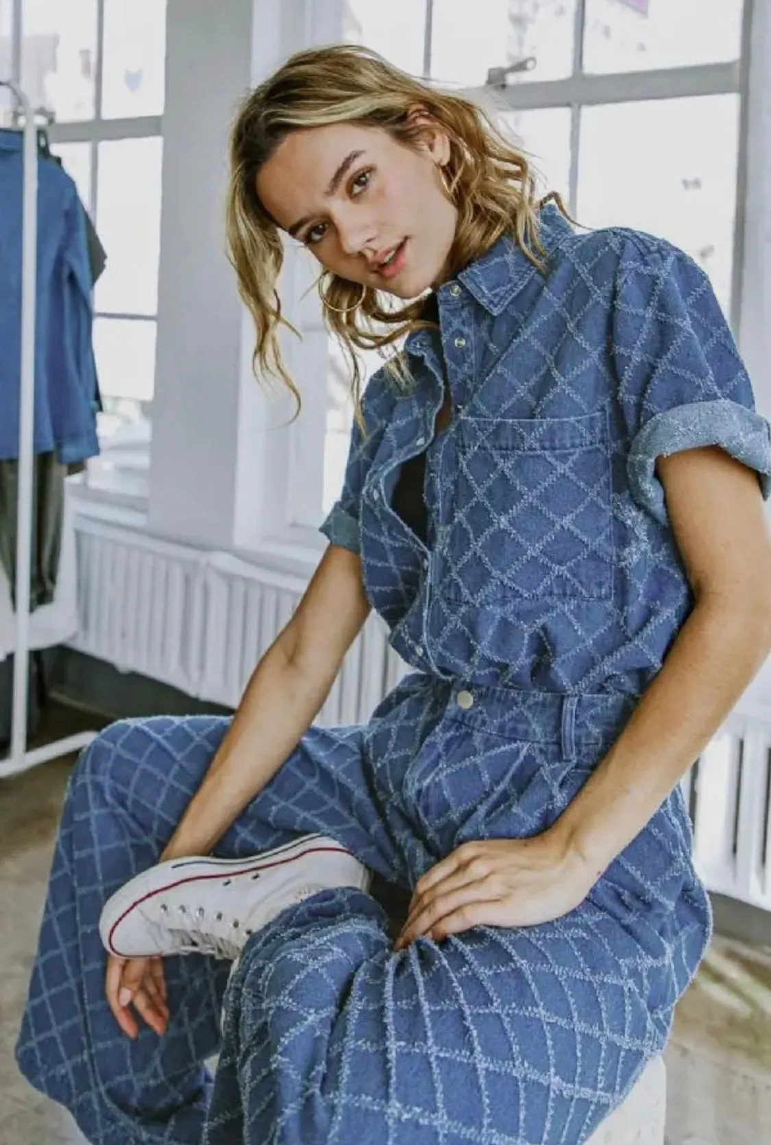 Textured Denim Button Up Short Sleeve Top