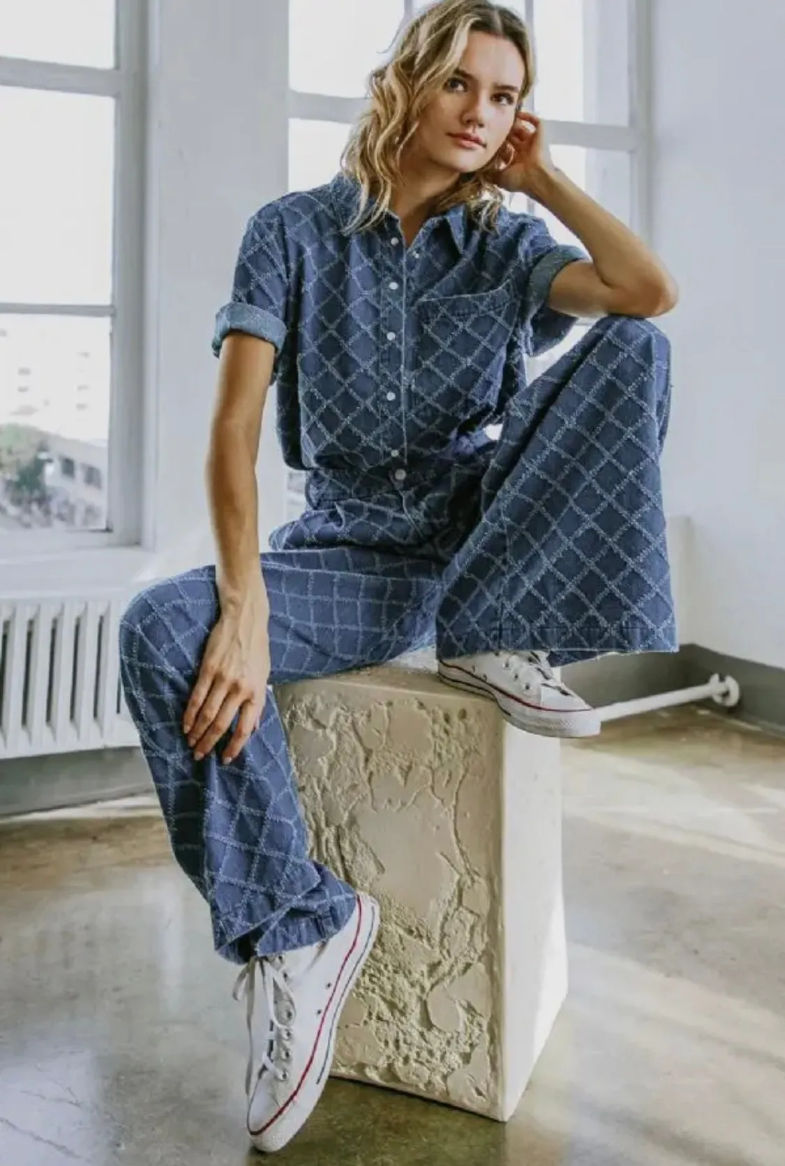Textured Denim Button Up Short Sleeve Top
