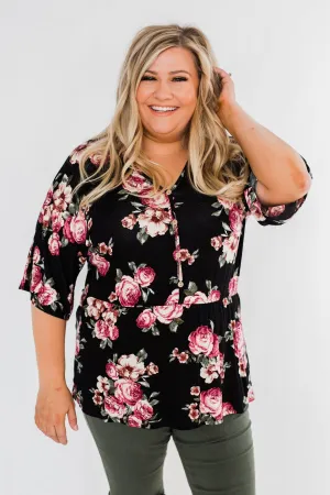 The Way To My Heart Floral Button Top- Black