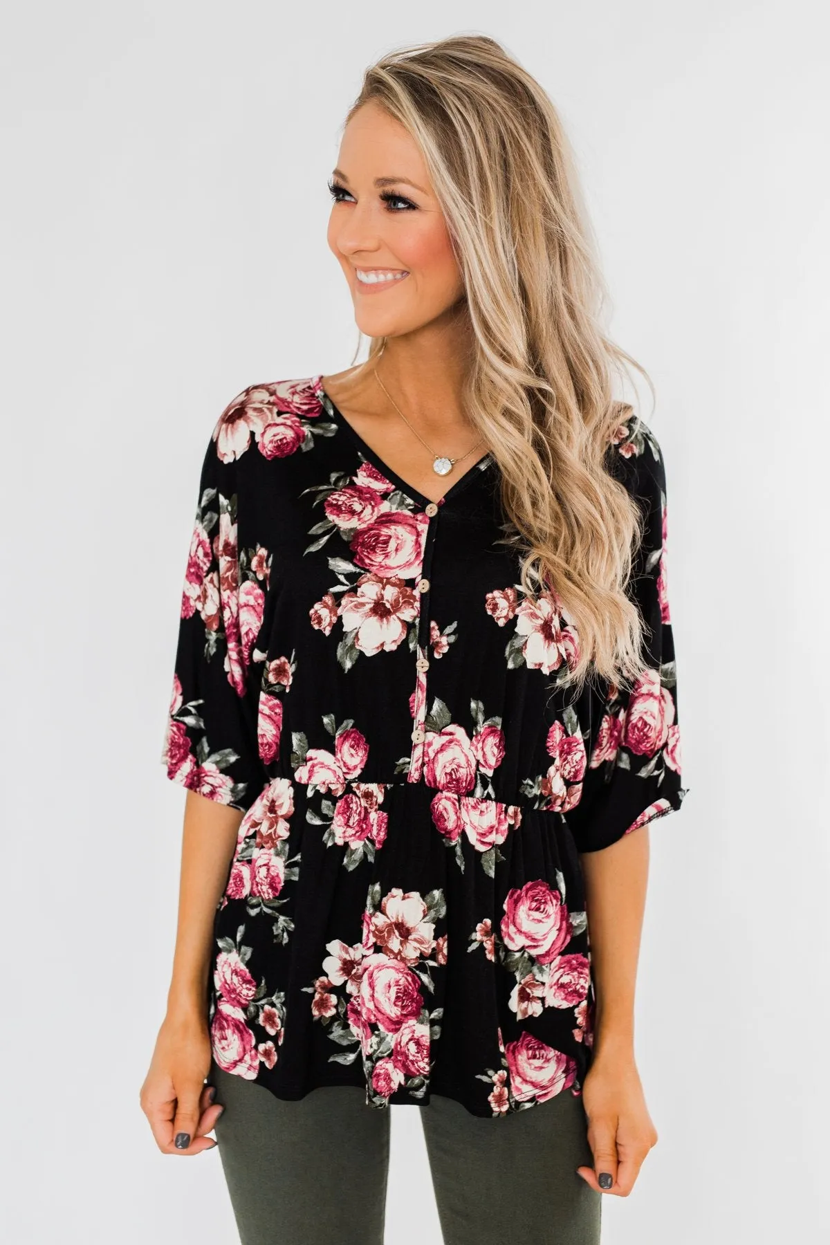 The Way To My Heart Floral Button Top- Black