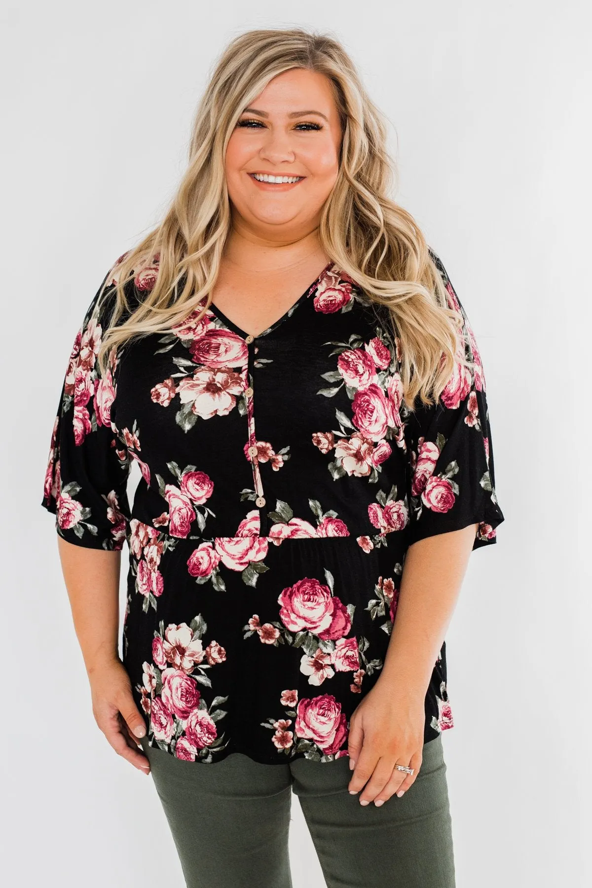 The Way To My Heart Floral Button Top- Black