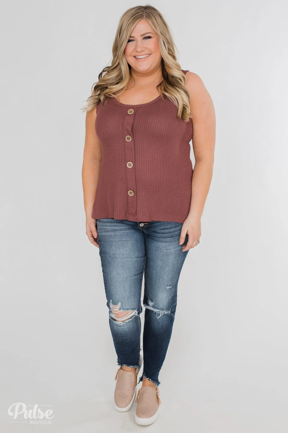 Thermal Button Tank Top- Marsala