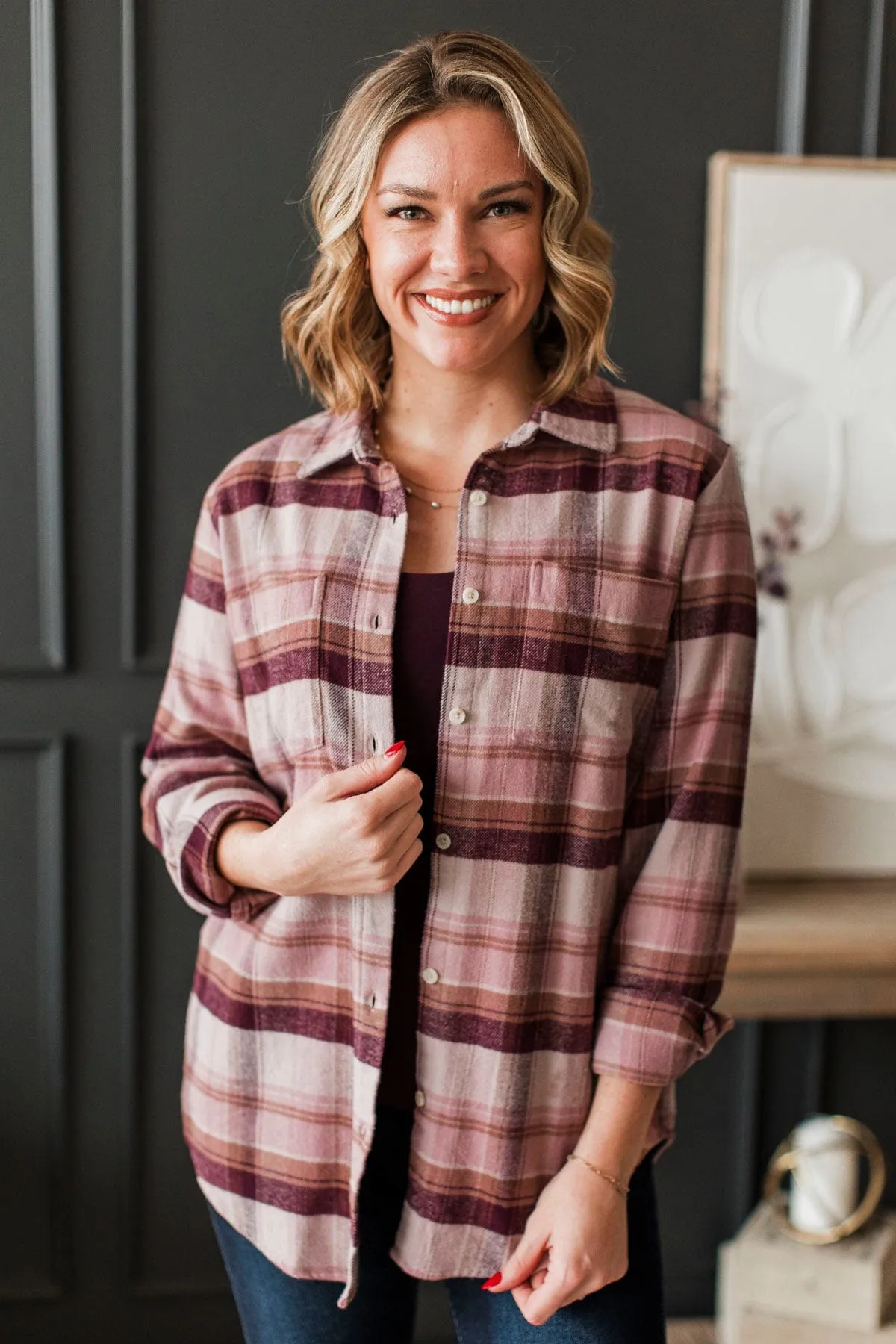 Thread & Supply Places To Love Plaid Button Top- Magenta