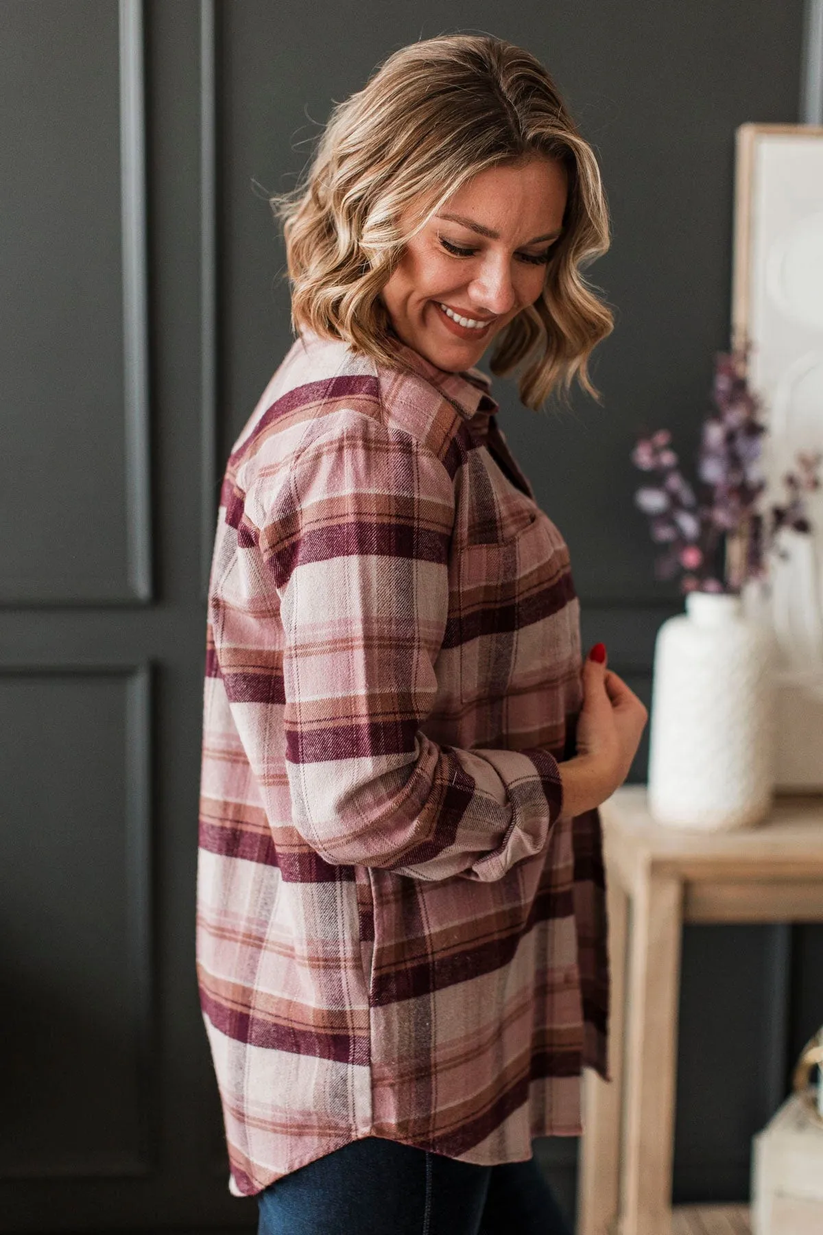 Thread & Supply Places To Love Plaid Button Top- Magenta