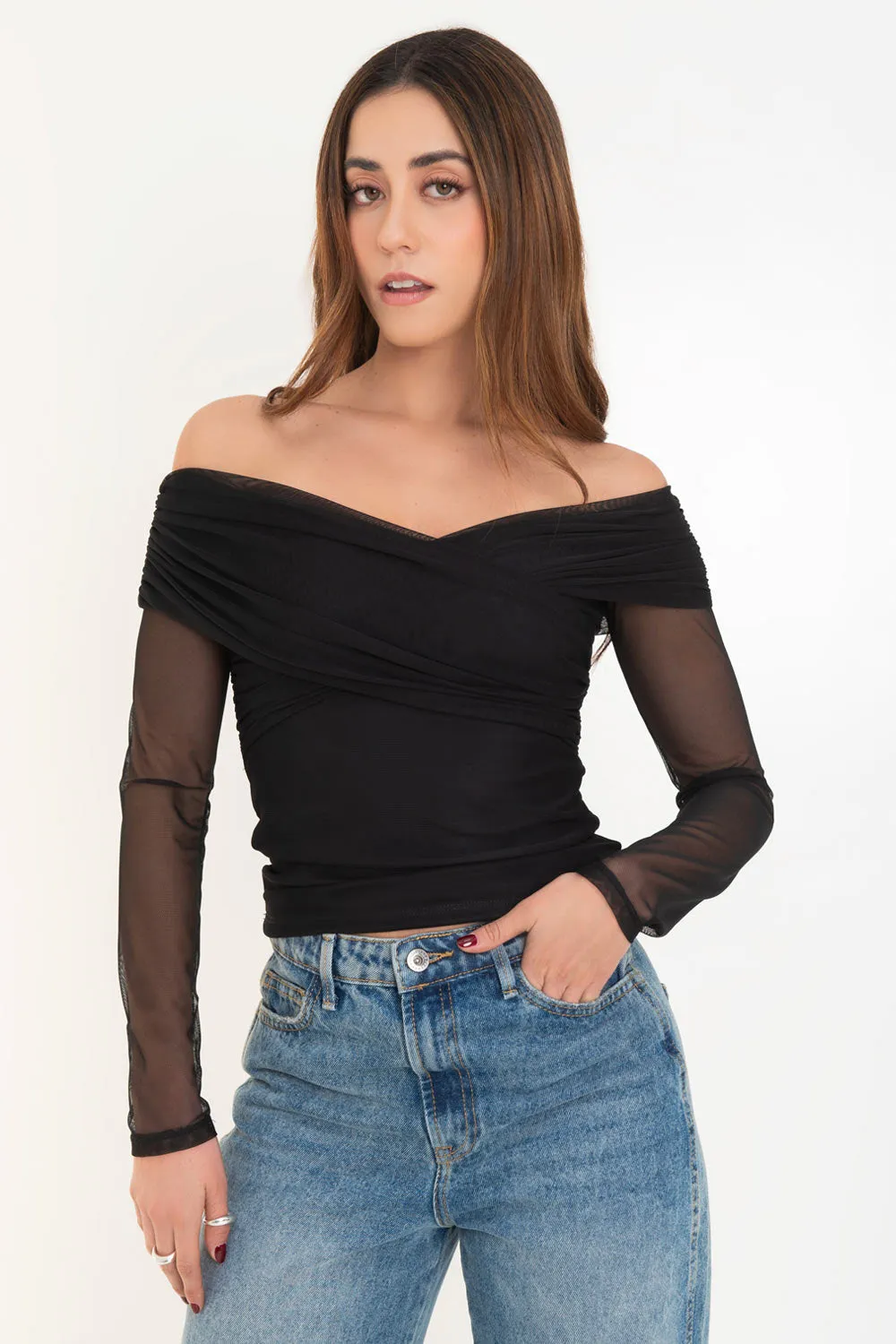 Top de mesh manga larga escote v plisado