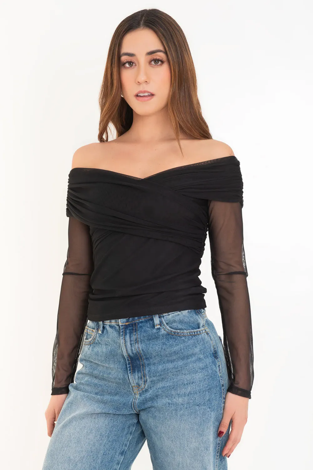 Top de mesh manga larga escote v plisado