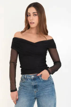 Top de mesh manga larga escote v plisado