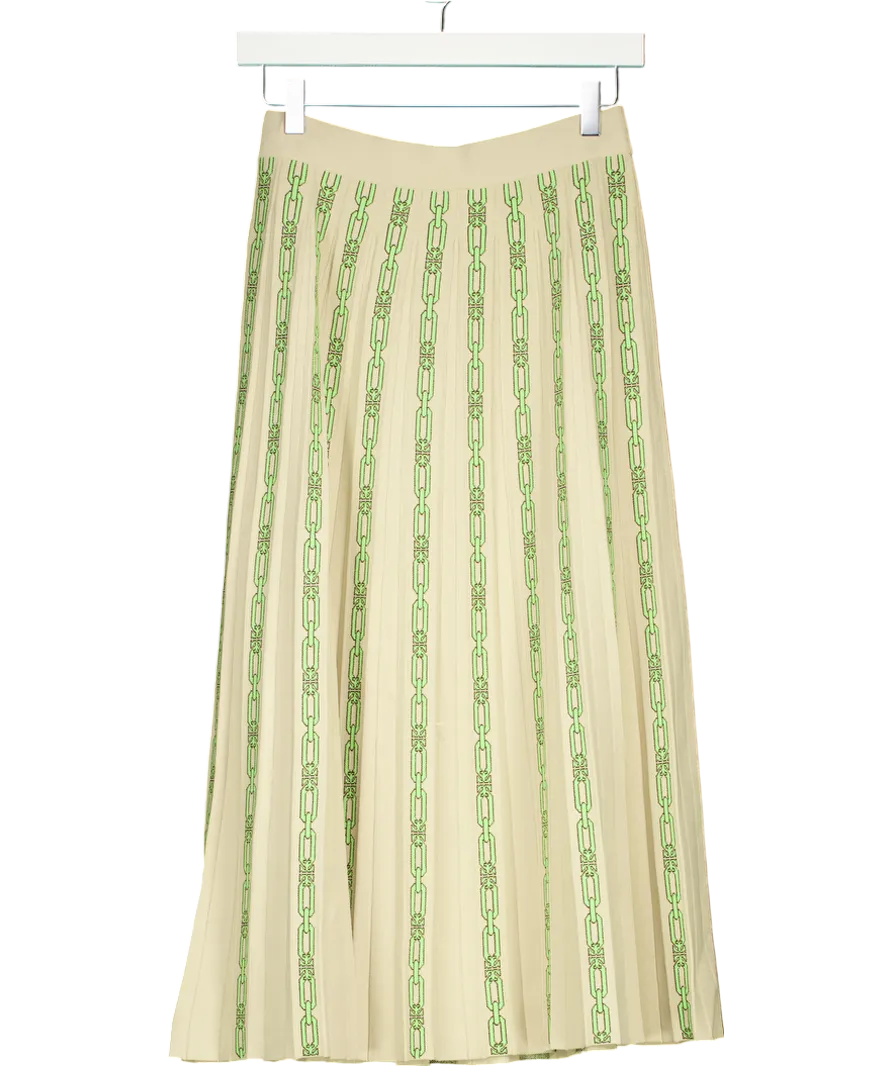 Tory Burch Ivory /Green Pleated Knit Midi Skirt UK 8