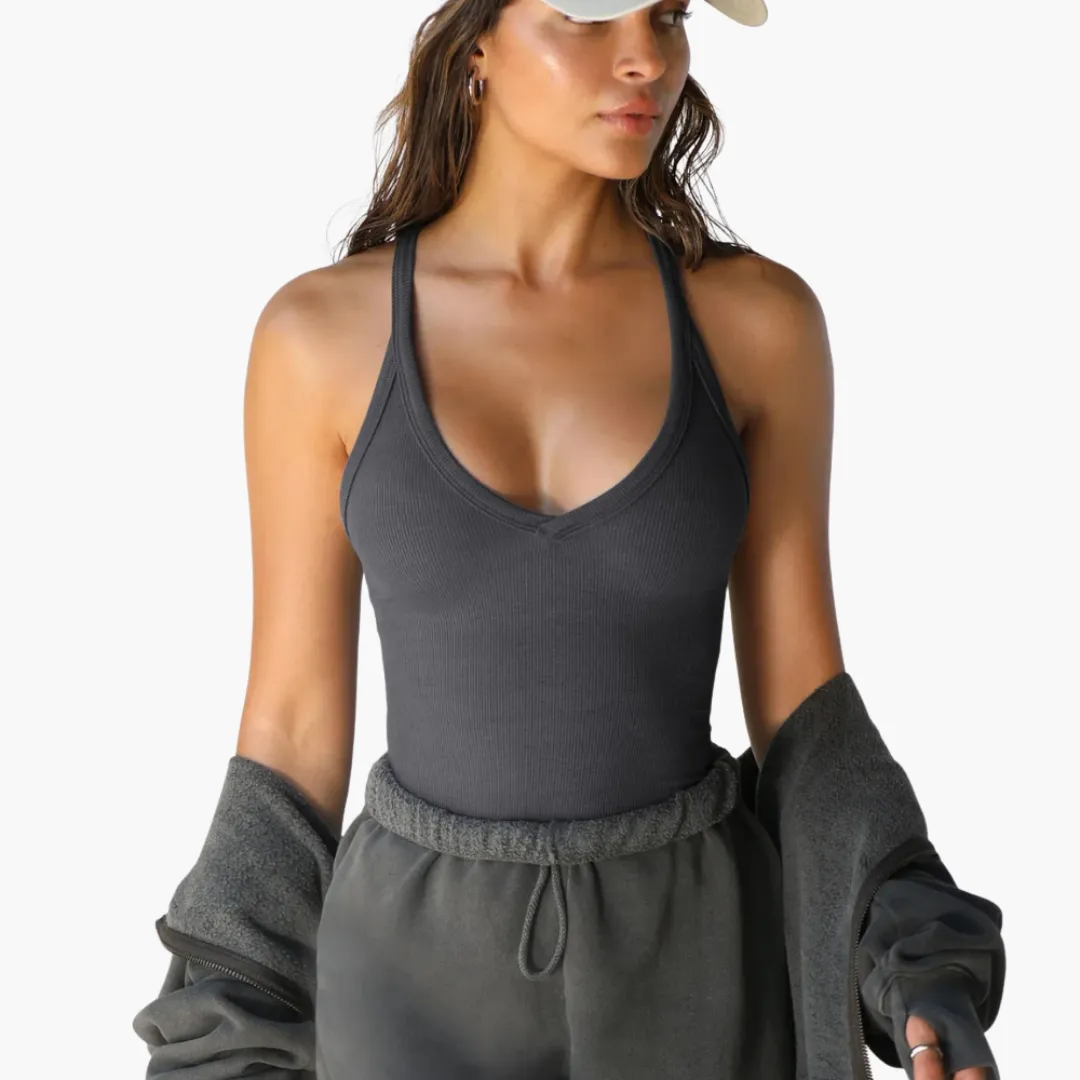 V-Neck Ribbed Tank Top - Women's Slim Fit Sleeveless Shirt