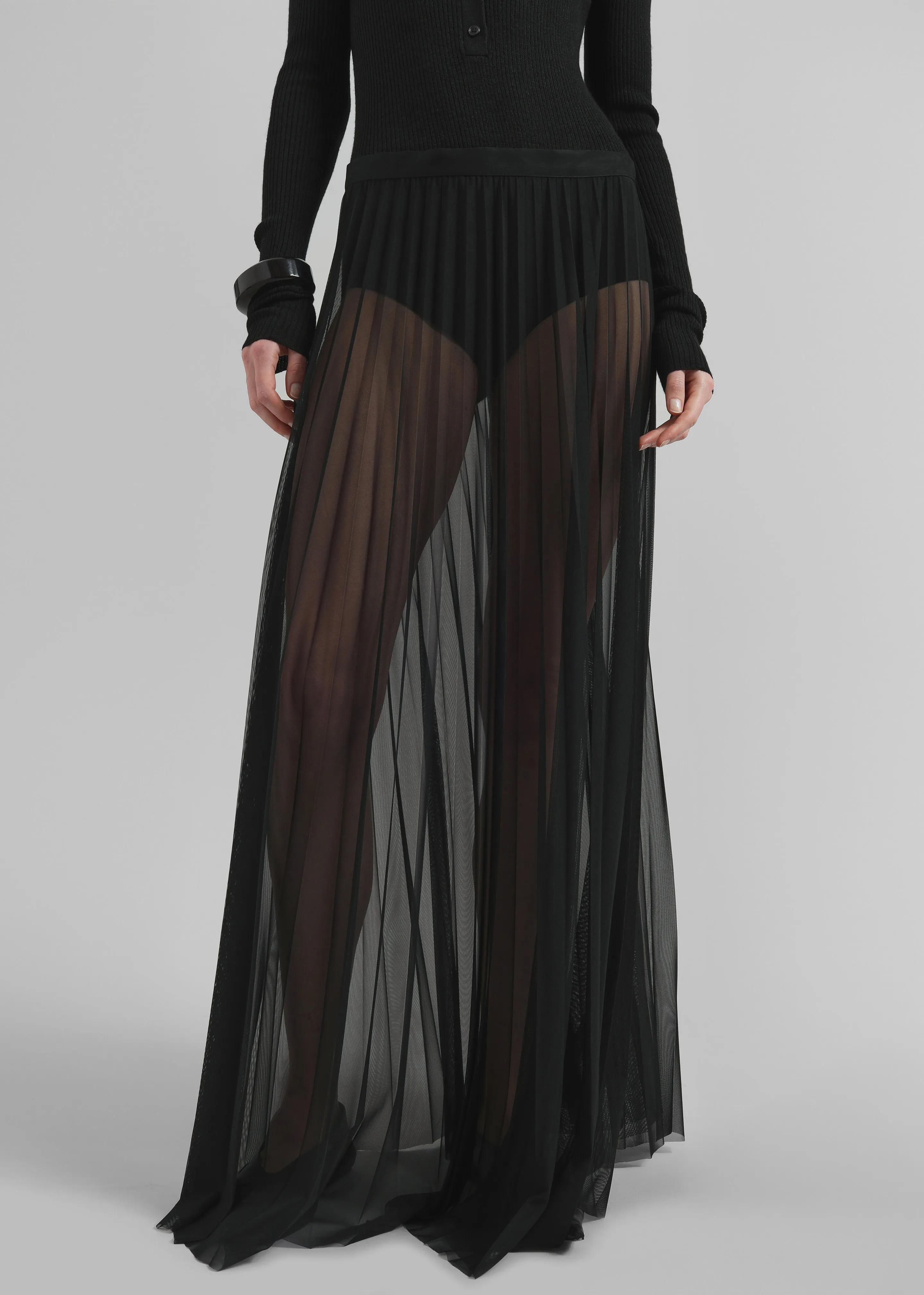 Vallen Pleated Mesh Maxi Skirt - Black