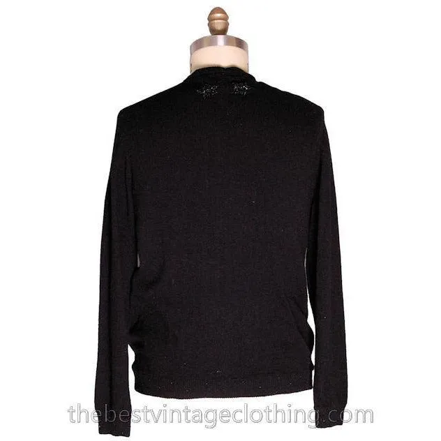 Vintage 1950s Beaded Sweater Black Beads On Black Wool to XL