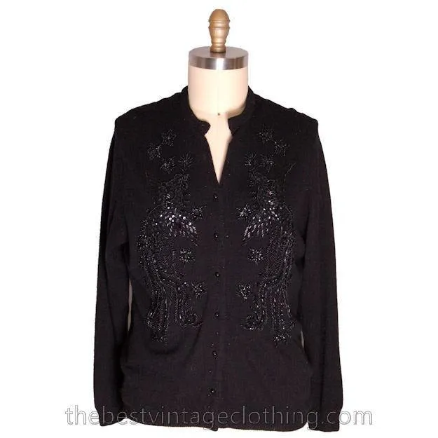 Vintage 1950s Beaded Sweater Black Beads On Black Wool to XL