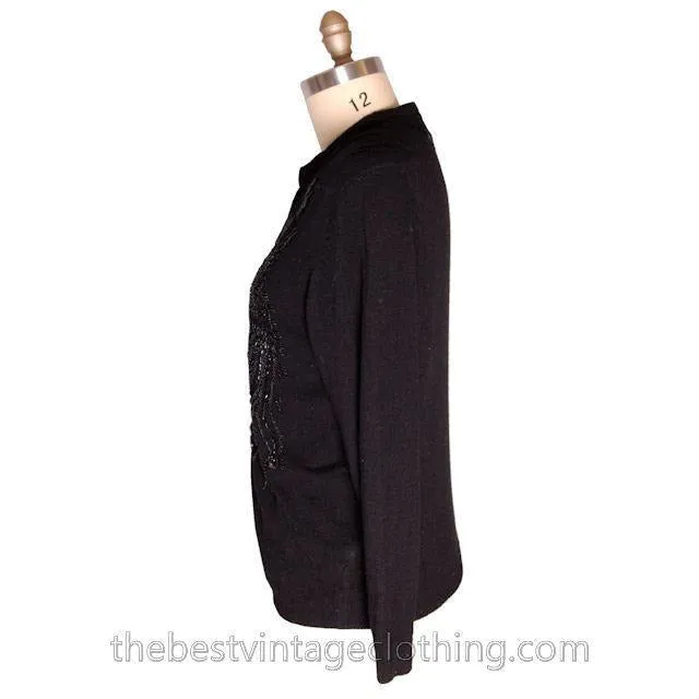 Vintage 1950s Beaded Sweater Black Beads On Black Wool to XL