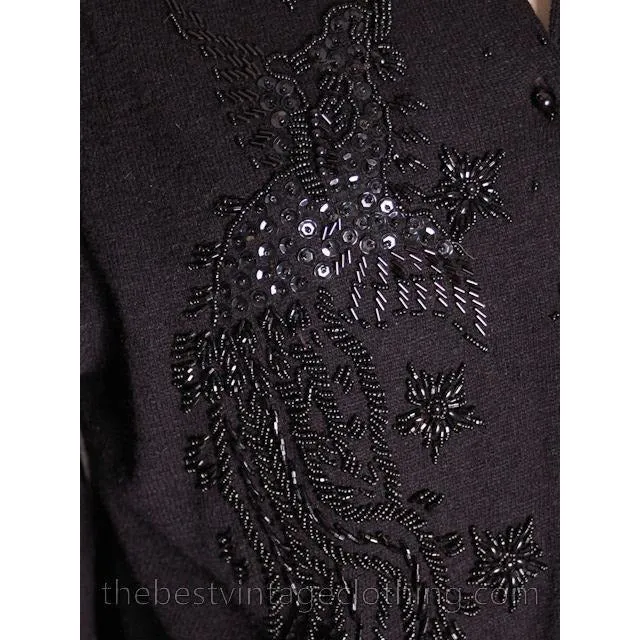 Vintage 1950s Beaded Sweater Black Beads On Black Wool to XL