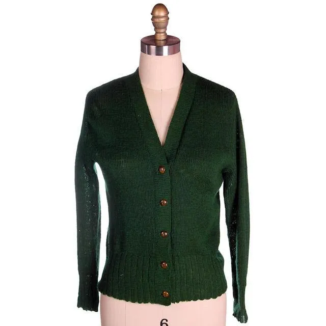 Vintage Cardigan Sweater  Wool Knit Green 1940s 4" Ribbed Waistband Distressed M