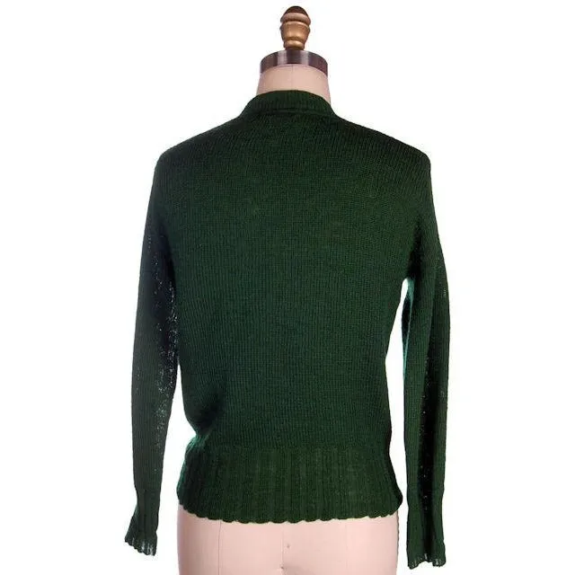 Vintage Cardigan Sweater  Wool Knit Green 1940s 4" Ribbed Waistband Distressed M